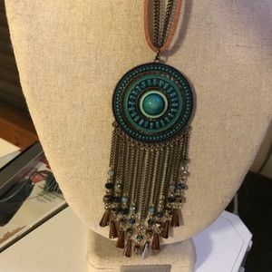Buckle Pleather & Turquoise Stone Necklace